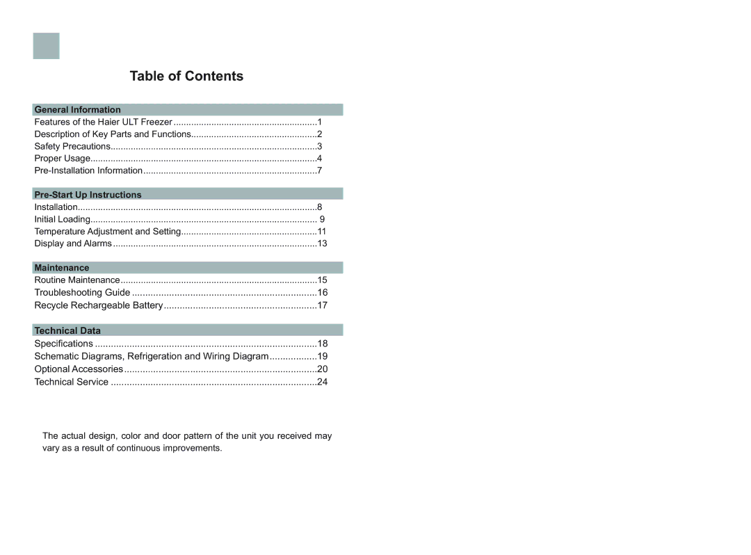 Haier DW-86L388, DW-86L628, DW-86W420, DW-86L626, DW-86L288, DW-86L386 user manual Table of Contents 