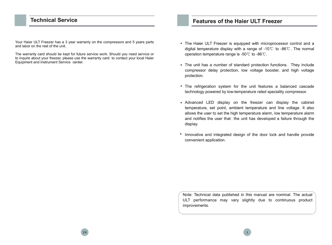 Haier DW-86L626, DW-86L628, DW-86W420, DW-86L388, DW-86L288, DW-86L386 Technical Service, Features of the Haier ULT Freezer 