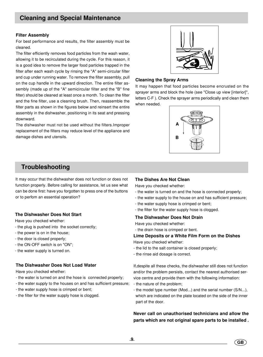 Haier DW12-BFE manual Cleaning and Special Maintenance, Troubleshooting 