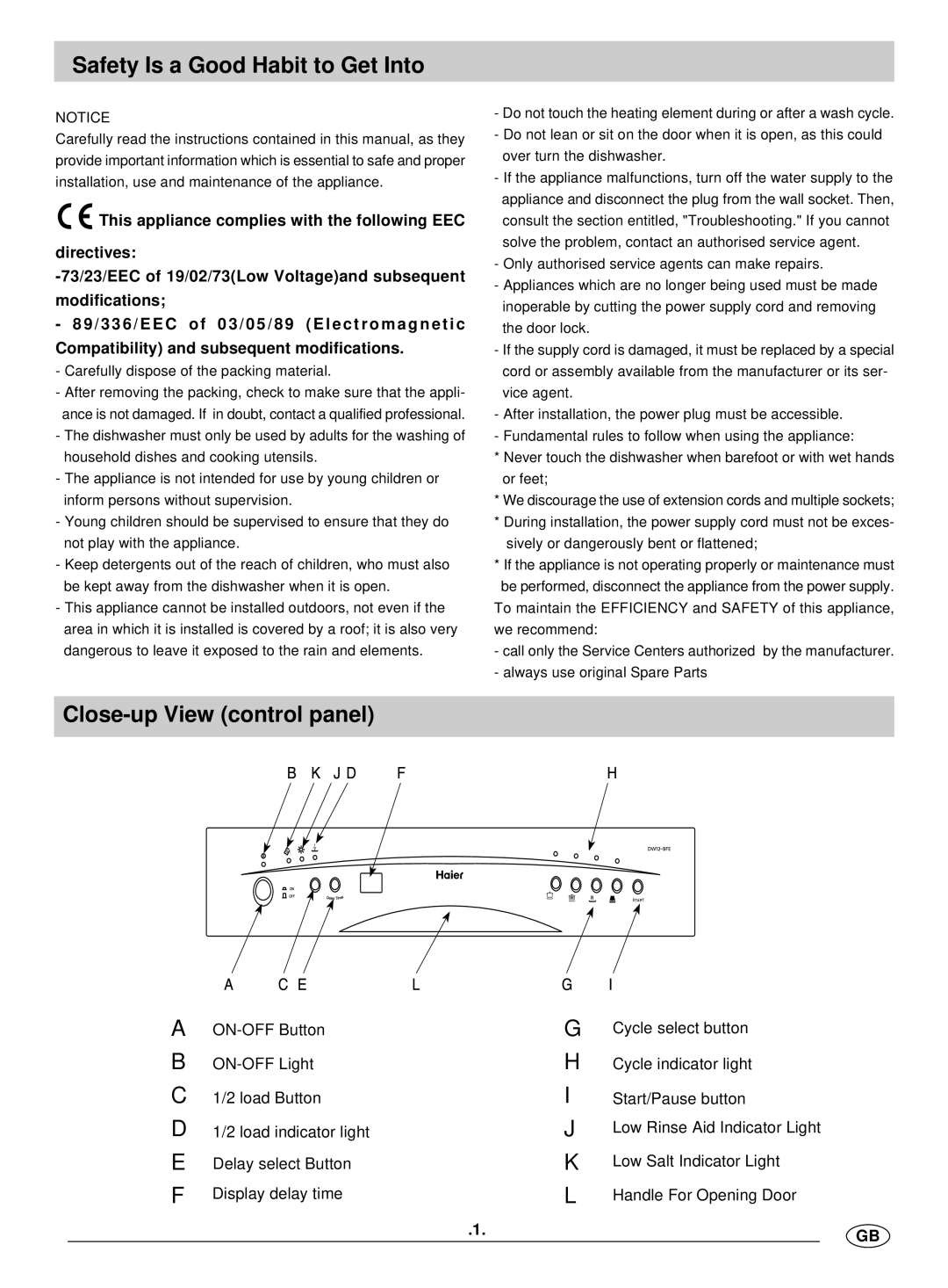 Haier DW12-BFE manual Safety Is a Good Habit to Get Into, Close-up View control panel 