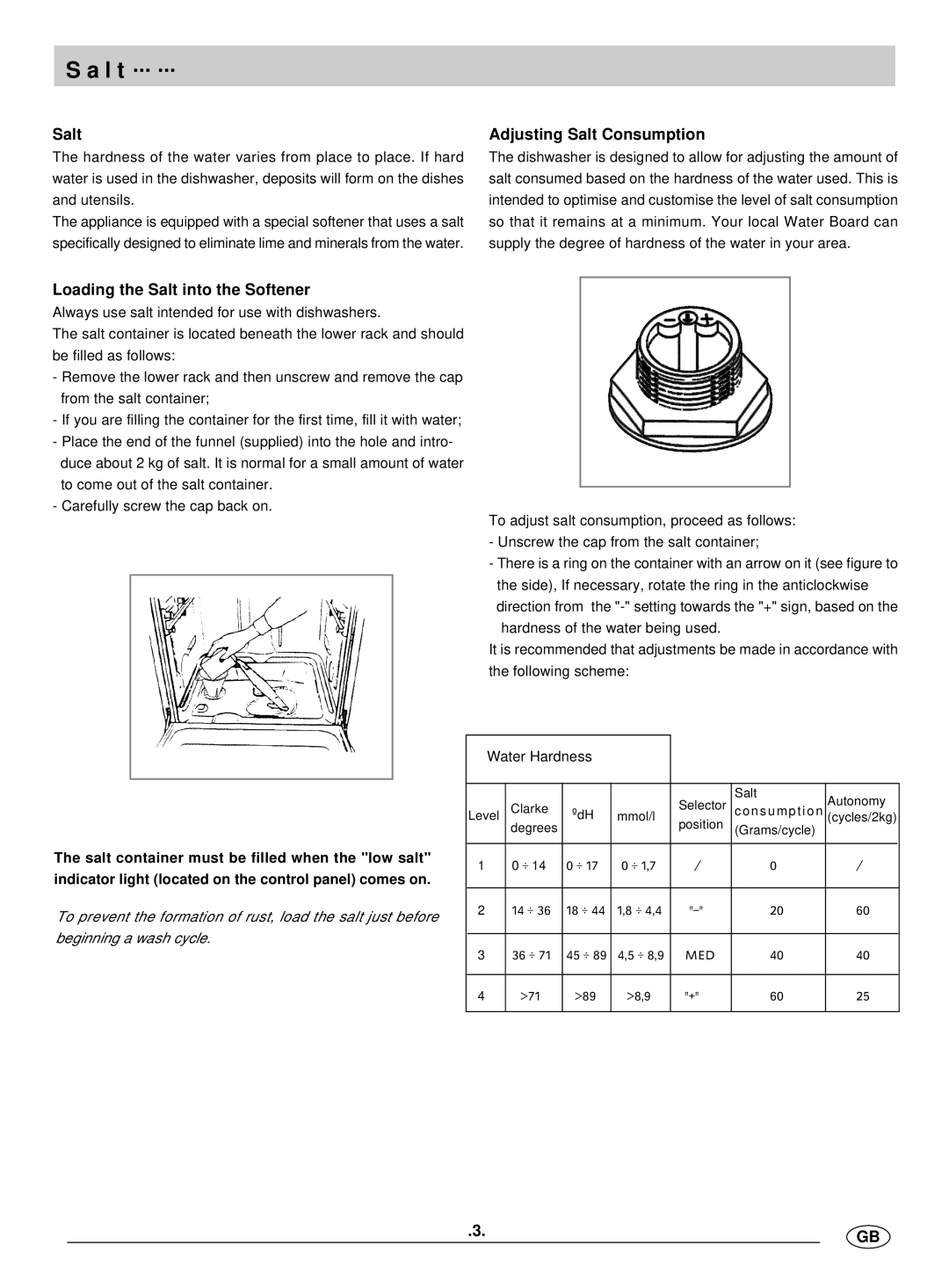 Haier DW12-BFE manual L t, Adjusting Salt Consumption, Loading the Salt into the Softener 