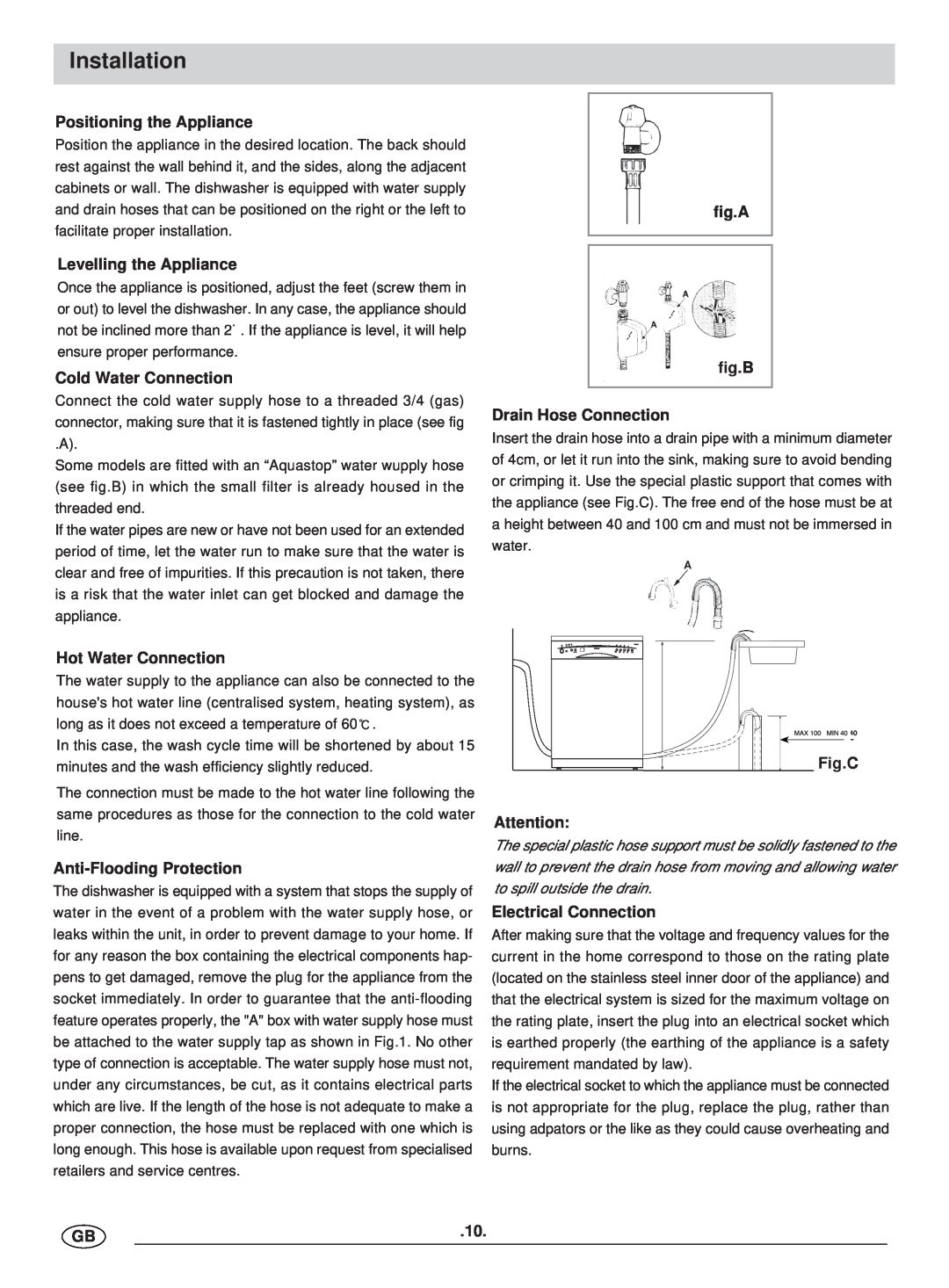 Haier DW12-BFE manual Installation, Positioning the Appliance, Levelling the Appliance, Cold Water Connection, Fig.C 