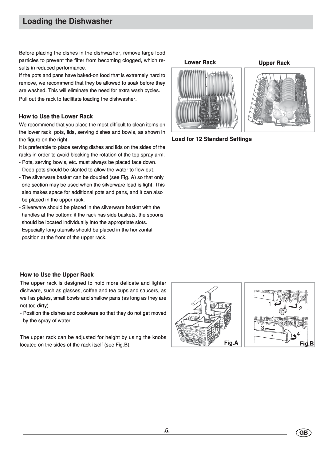Haier DW12-BFE Loading the Dishwasher, How to Use the Lower Rack, How to Use the Upper Rack, Fig.A, Fig.B, 5.GB 