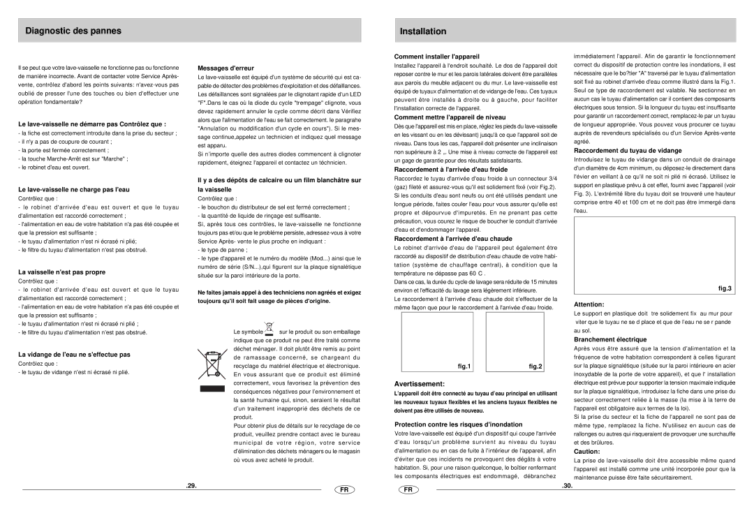 Haier DW12-CBE6 manual Diagnostic des pannes Installation 