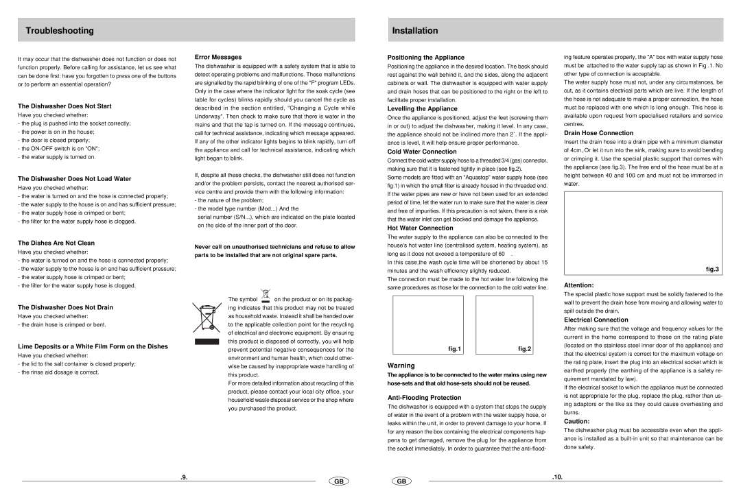 Haier DW12-CBE6 manual Troubleshooting, Installation 