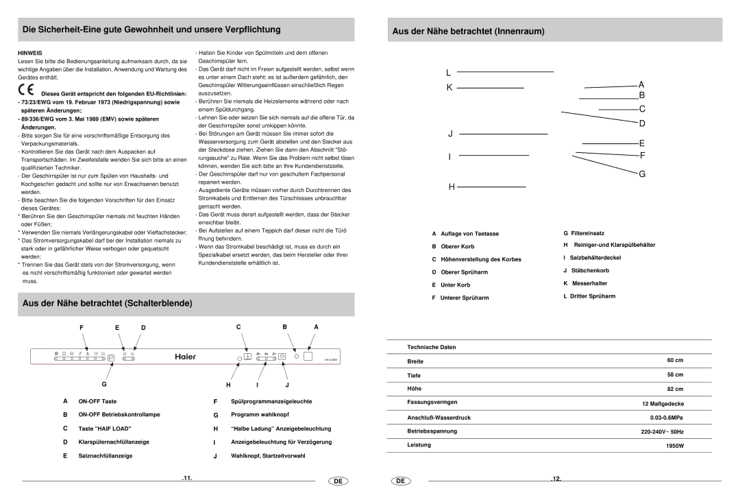 Haier DW12-CBE6 manual Aus der Nähe betrachtet Schalterblende, Hinweis 