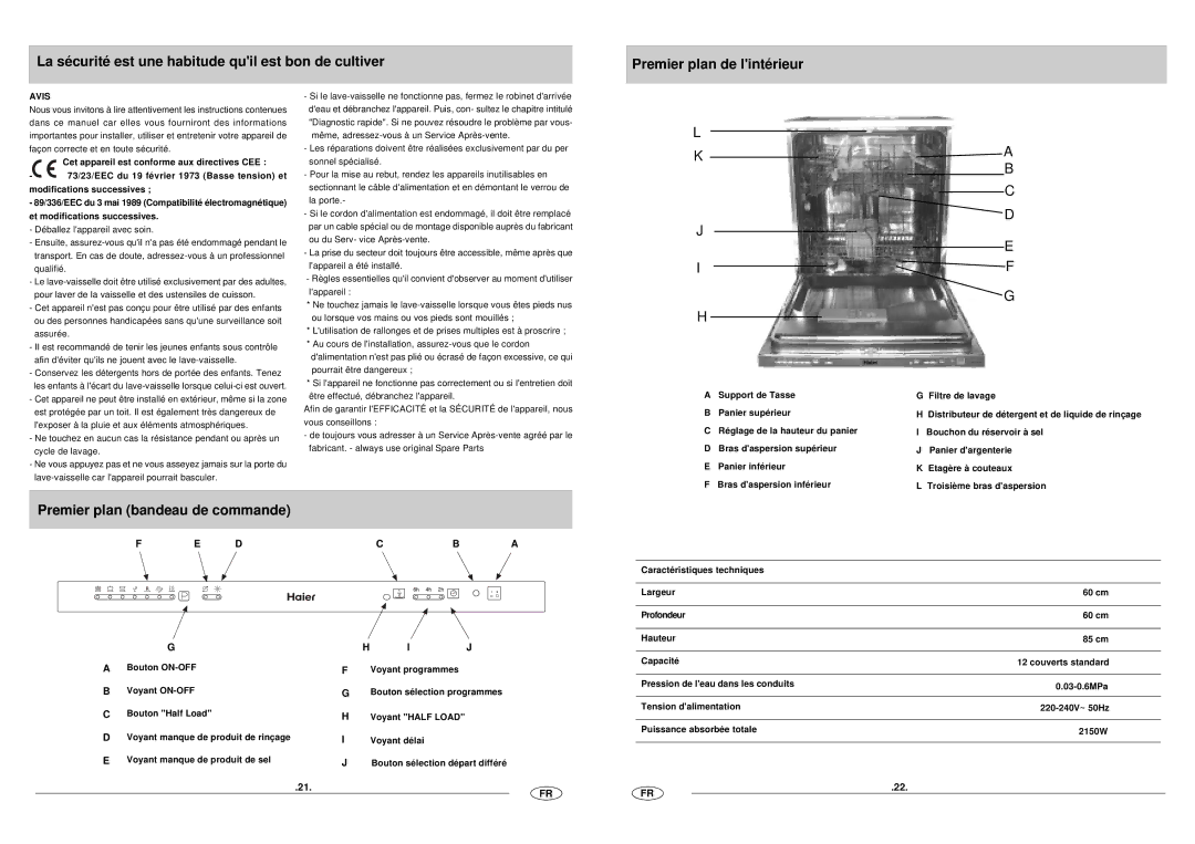 Haier DW12-CFE SS manual Premier plan bandeau de commande, Avis 