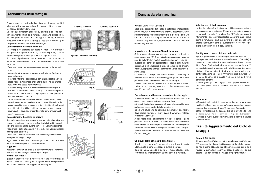 Haier DW12-CFE S manual Caricamento delle stoviglie Come avviare la macchina, Tasti di Aggiustamento del Ciclo di Lavaggio 