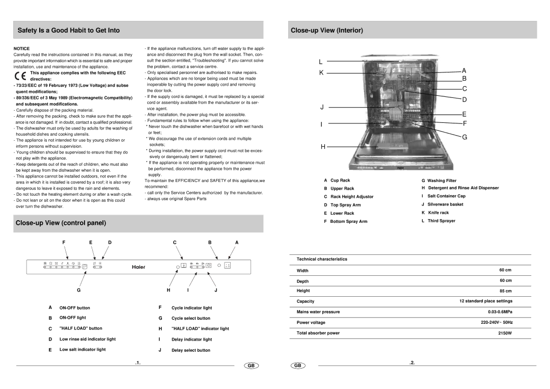 Haier DW12-CFE SS manual Safety Is a Good Habit to Get Into, Close-up View Interior, Close-up View control panel 