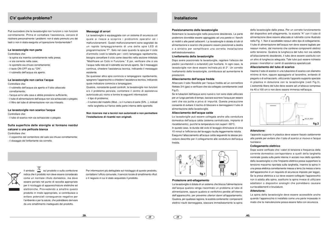 Haier DW12-CFE SS manual Ce qualche problema?, Installazione 