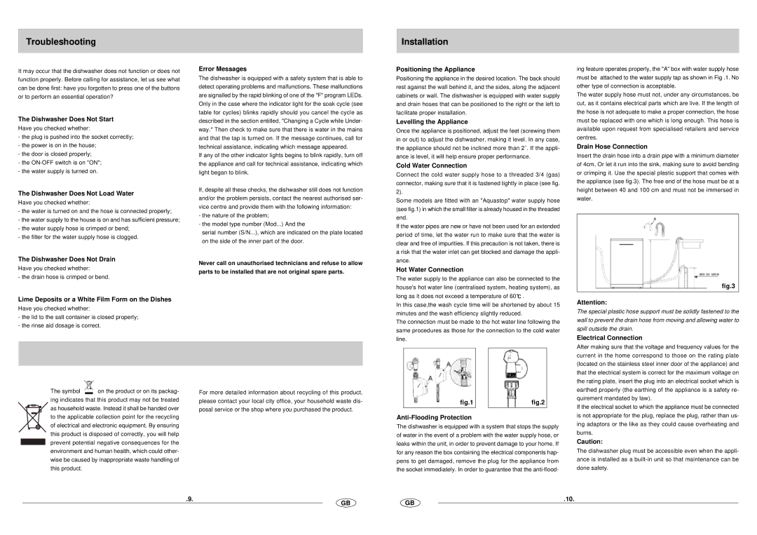 Haier DW12-CFE SS manual Troubleshooting, Installation 