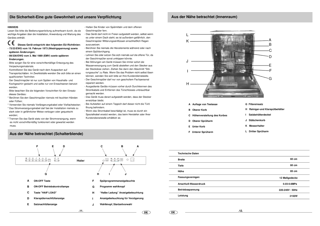 Haier DW12-CFE SS manual Aus der Nähe betrachtet Schalterblende, Hinweis 