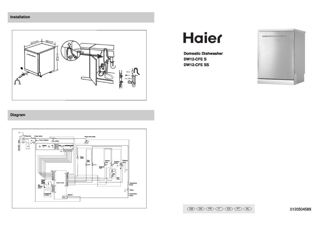 Haier DW12-CFE S manual Installation Domestic Dishwasher DW12-CFES, DW12-CFESS Diagram, 0120504589, Gb De Fr It, Es Pt 