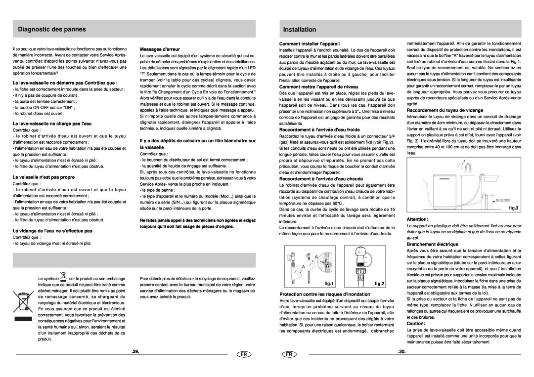 Haier DW12-CFE SS manual Diagnostic des pannes, Installation 