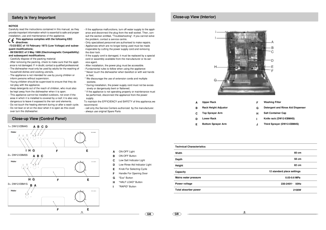 Haier DW12-EBM 3S, DW12-EBM 4S, DW12-EBM 1S Safety Is Very Important, Close-up View Interior, Close-up View Control Panel 