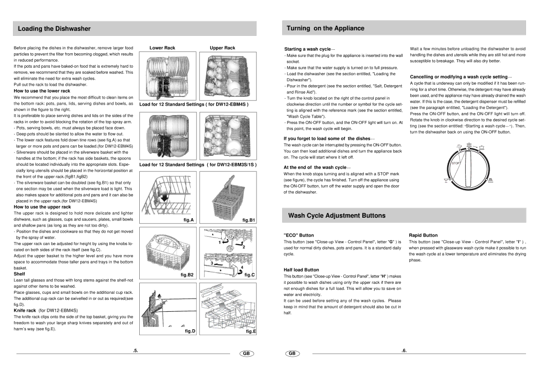 Haier DW12-EBM 1S, DW12-EBM 4S, DW12-EBM 3S Loading the Dishwasher, Turning on the Appliance, Wash Cycle Adjustment Buttons 