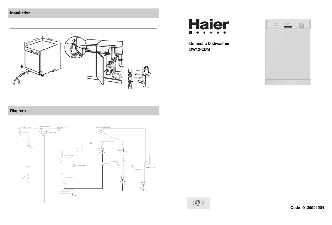 Haier DW12-EBM manual Installation, Domestic Dishwasher, Diagram, Code 