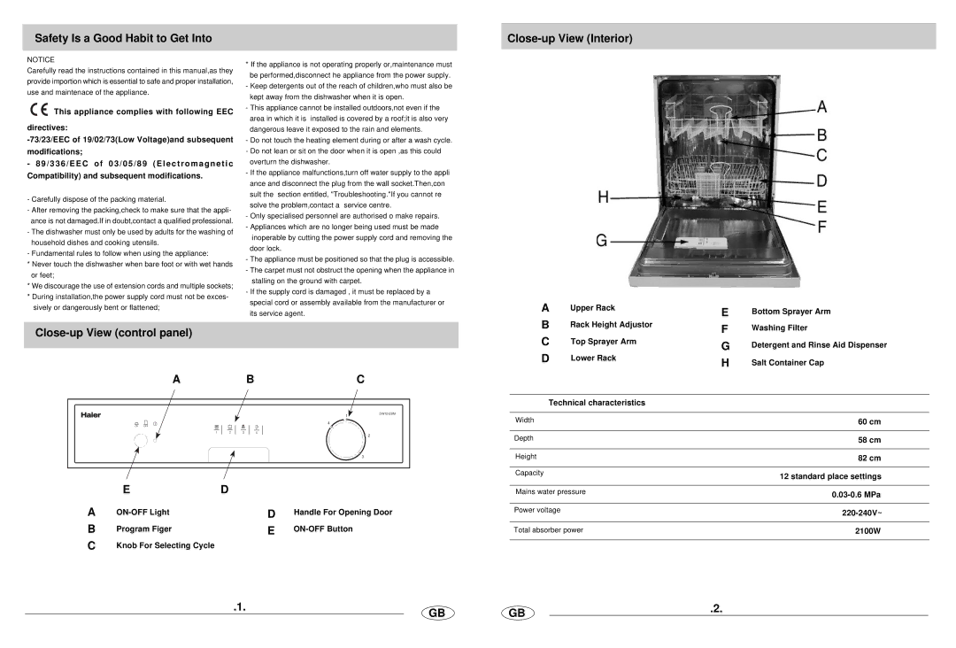 Haier DW12-EBM manual Safety Is a Good Habit to Get Into, Close-up View Interior, Close-up View control panel 