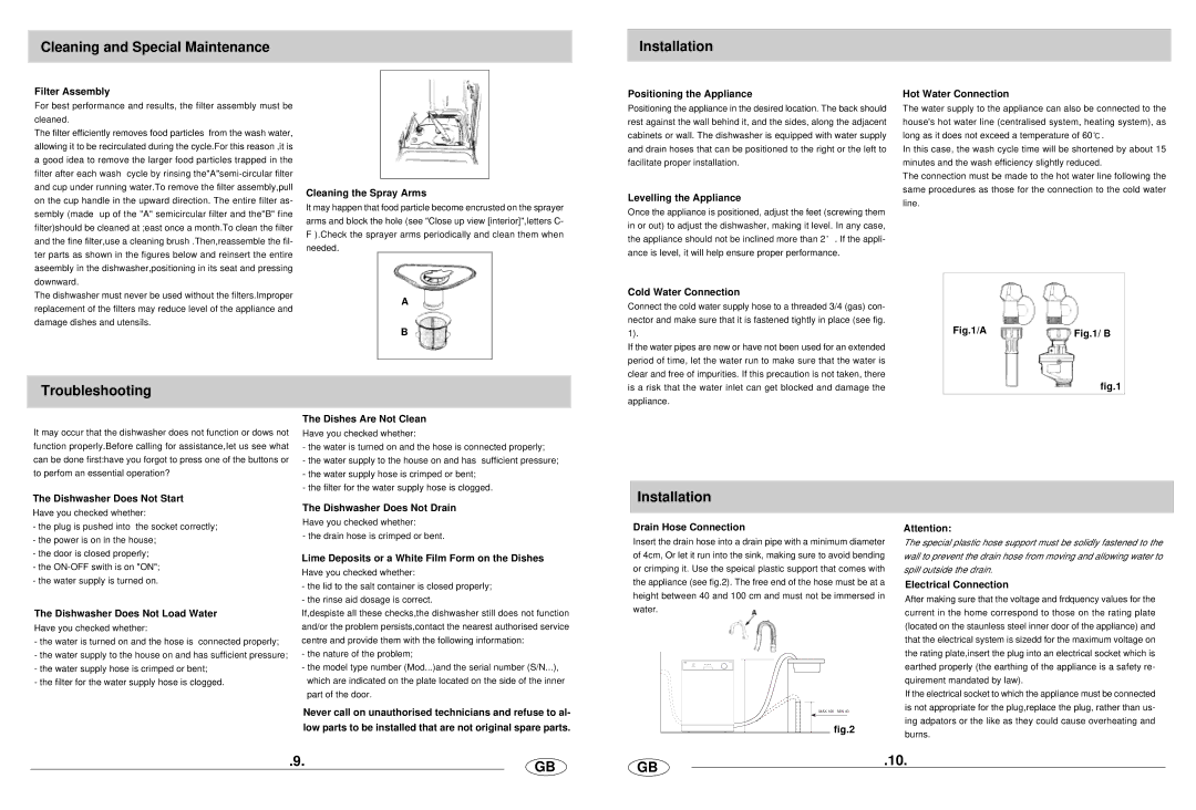 Haier DW12-EBM manual Cleaning and Special Maintenance Installation, Troubleshooting 