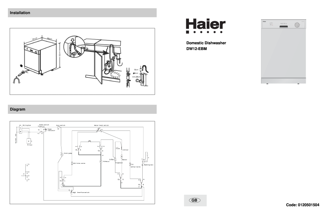 Haier manual Installation, Domestic Dishwasher DW12-EBM Diagram, GB Code, D/Ed 
