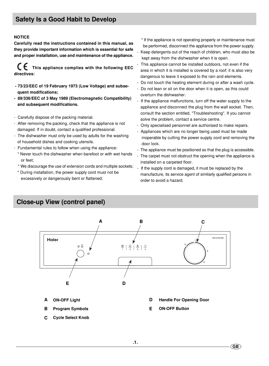 Haier DW12-EFM ME manual Safety Is a Good Habit to Develop, Close-up View control panel 