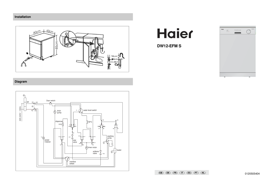 Haier DW12-EFM S manual Installation, Gb De Fr Es Pt 