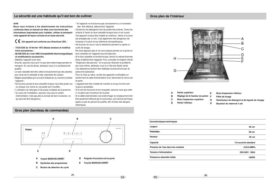 Haier DW12-EFM S manual La sécurité est une habitude quil est bon de cultiver, Gros plan bandeau de commandes, Avis 