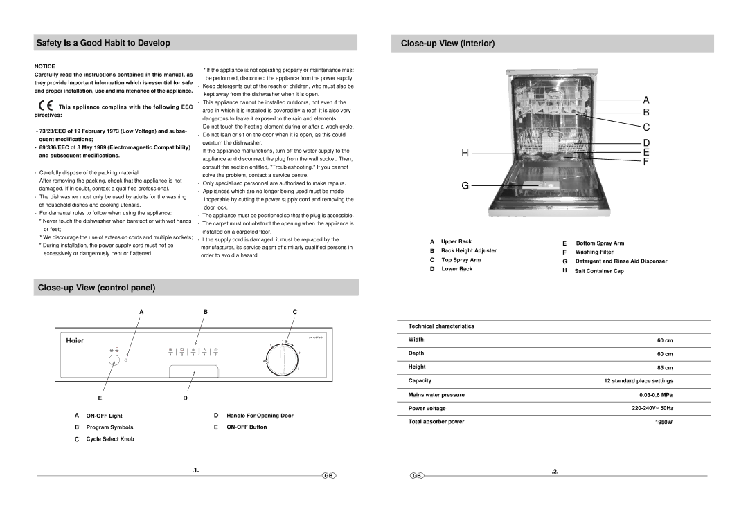 Haier DW12-EFM S manual Safety Is a Good Habit to Develop Close-up View Interior, Close-up View control panel 