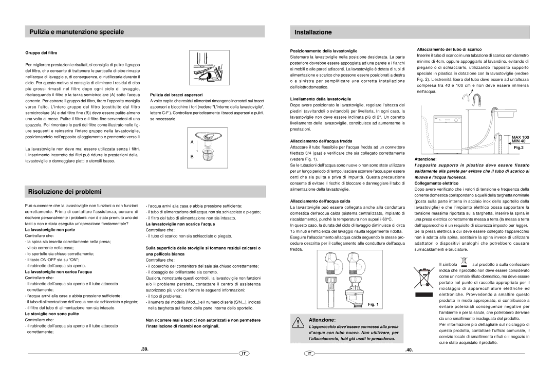 Haier DW12-EFM S manual Pulizia e manutenzione speciale Installazione, Risoluzione dei problemi 