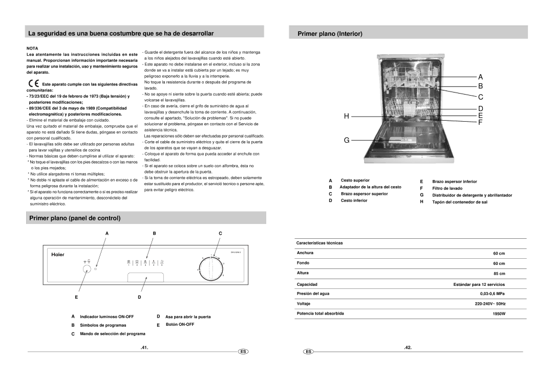 Haier DW12-EFM S manual Primer plano panel de control, Nota 