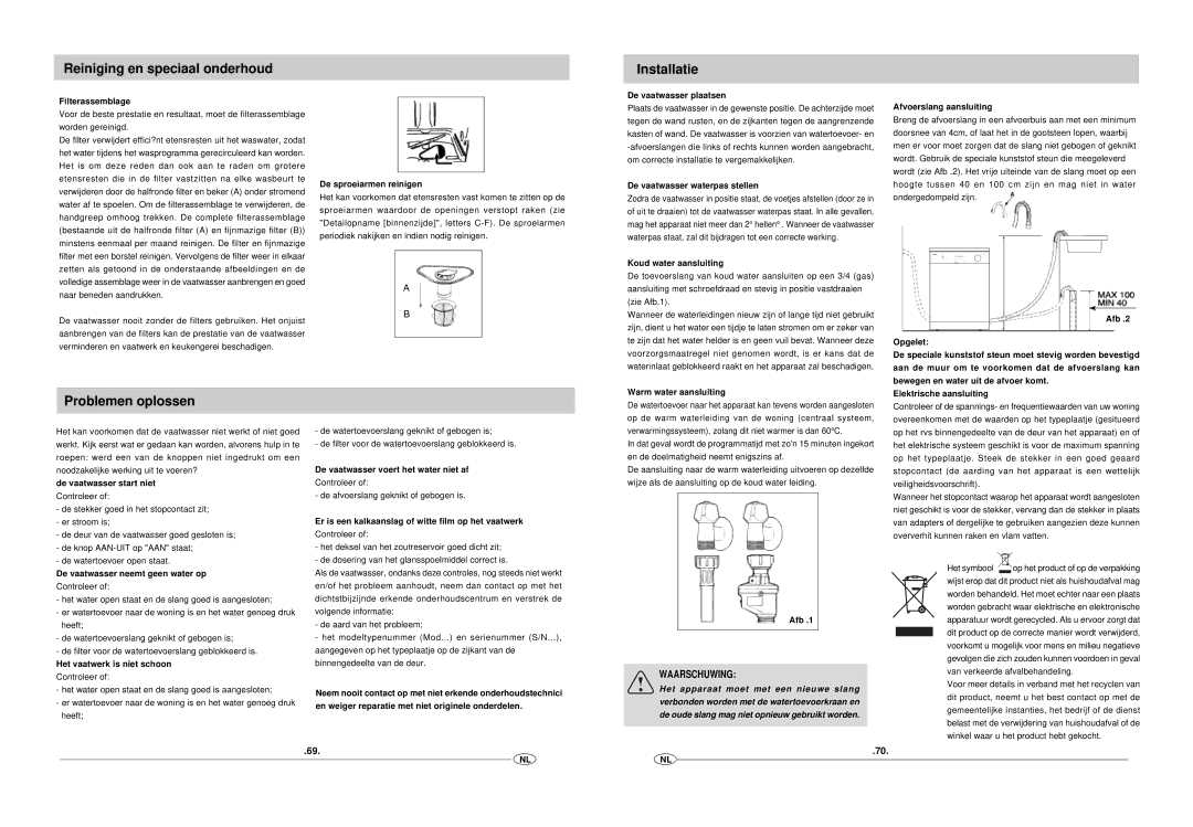 Haier DW12-EFM S manual Reiniging en speciaal onderhoud Installatie, Problemen oplossen, Waarschuwing 