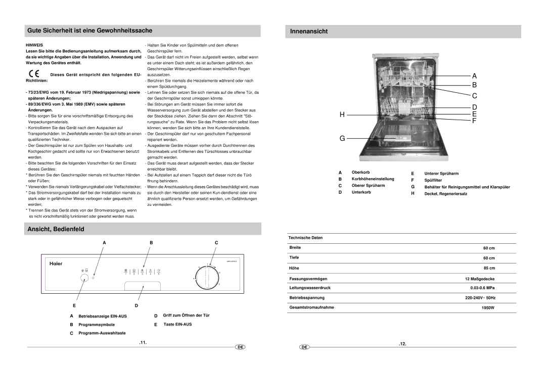 Haier DW12-EFM S manual Gute Sicherheit ist eine Gewohnheitssache Innenansicht, Ansicht, Bedienfeld, Hinweis 