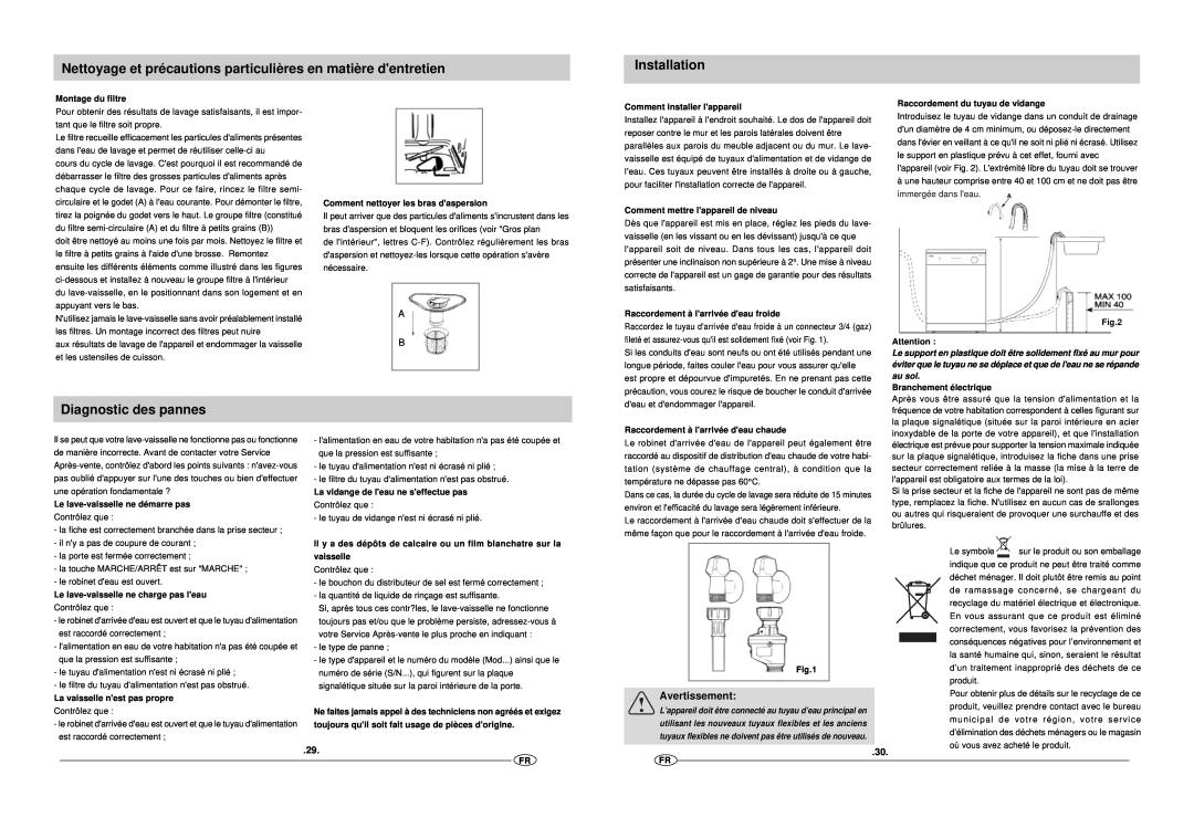 Haier DW12-EFM S manual Nettoyage et précautions particulières en matière dentretien, Diagnostic des pannes, Avertissement 