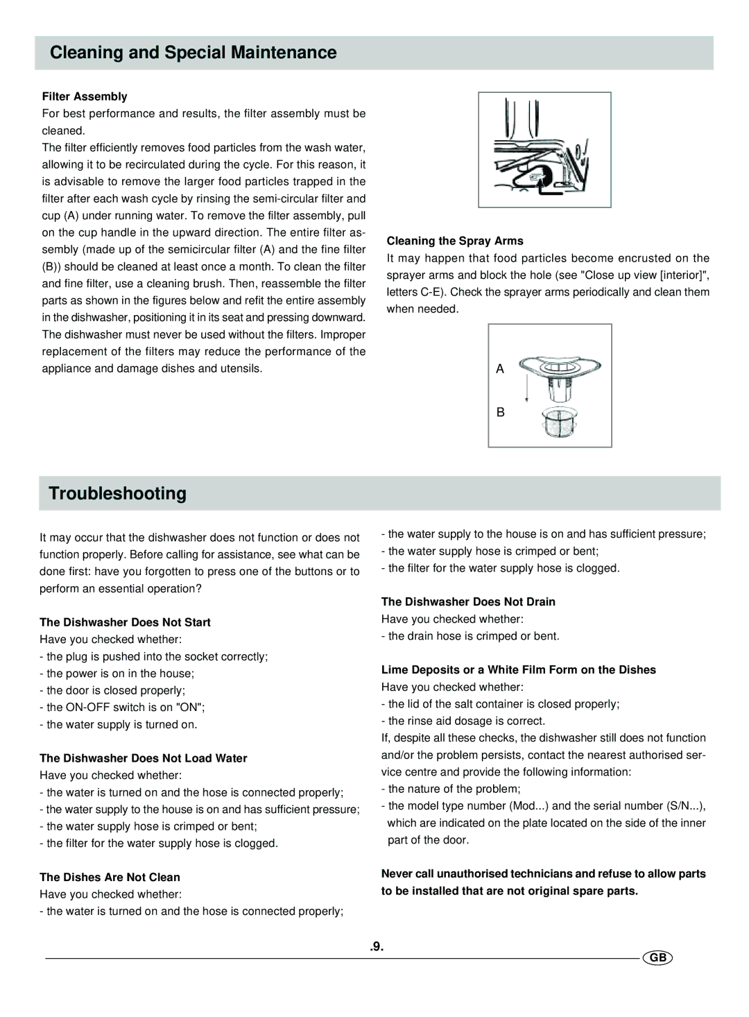 Haier DW12-EFMS manual Cleaning and Special Maintenance, Troubleshooting 