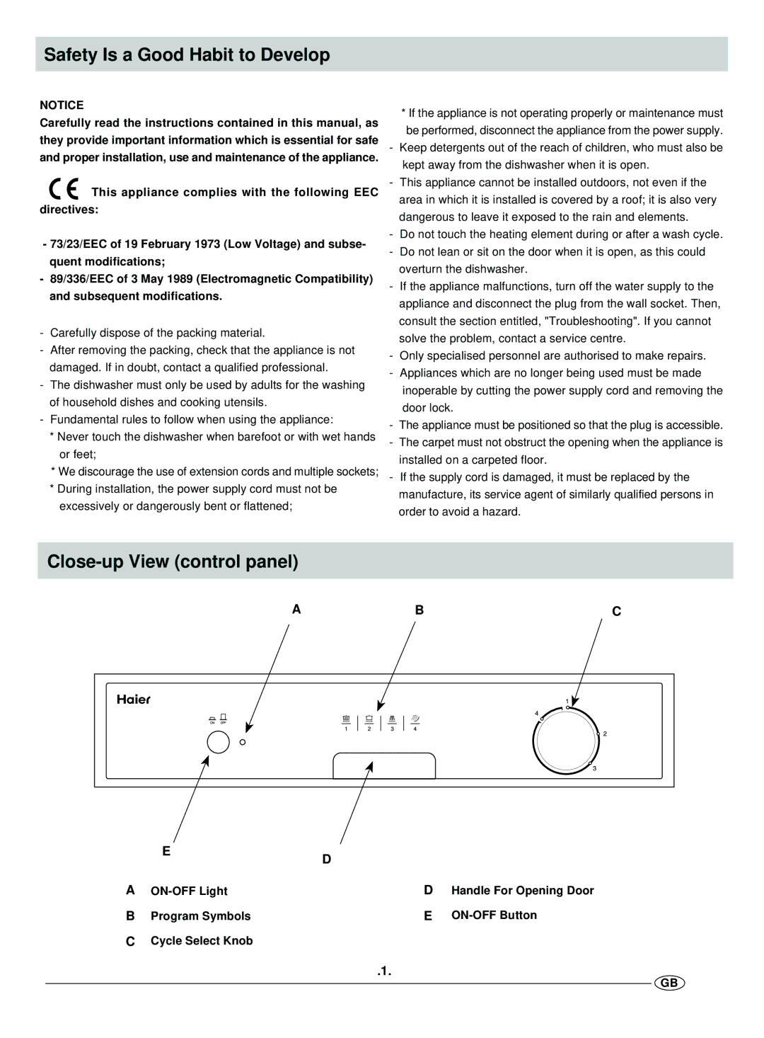 Haier DW12-EFMS manual Safety Is a Good Habit to Develop, Close-up View control panel 