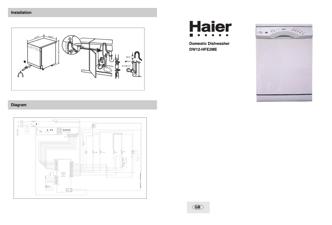 Haier DW12-HFE2ME manual Installation Diagram, Domestic Dishwasher 