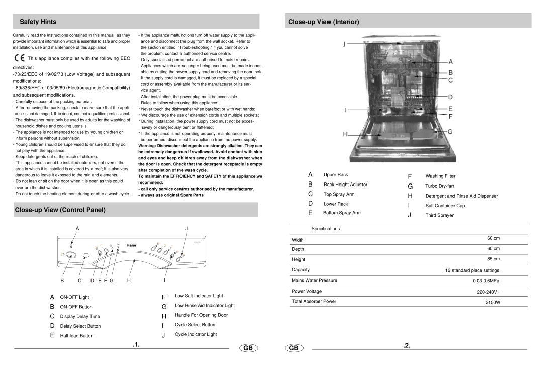 Haier DW12-HFE2ME manual Safety Hints, Close-up View Interior, Close-up View Control Panel 