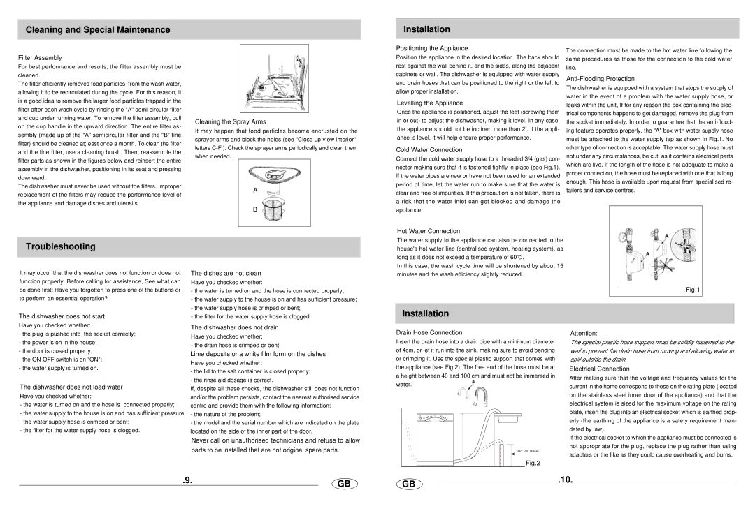 Haier DW12-HFE2ME manual Cleaning and Special Maintenance Installation, Troubleshooting 