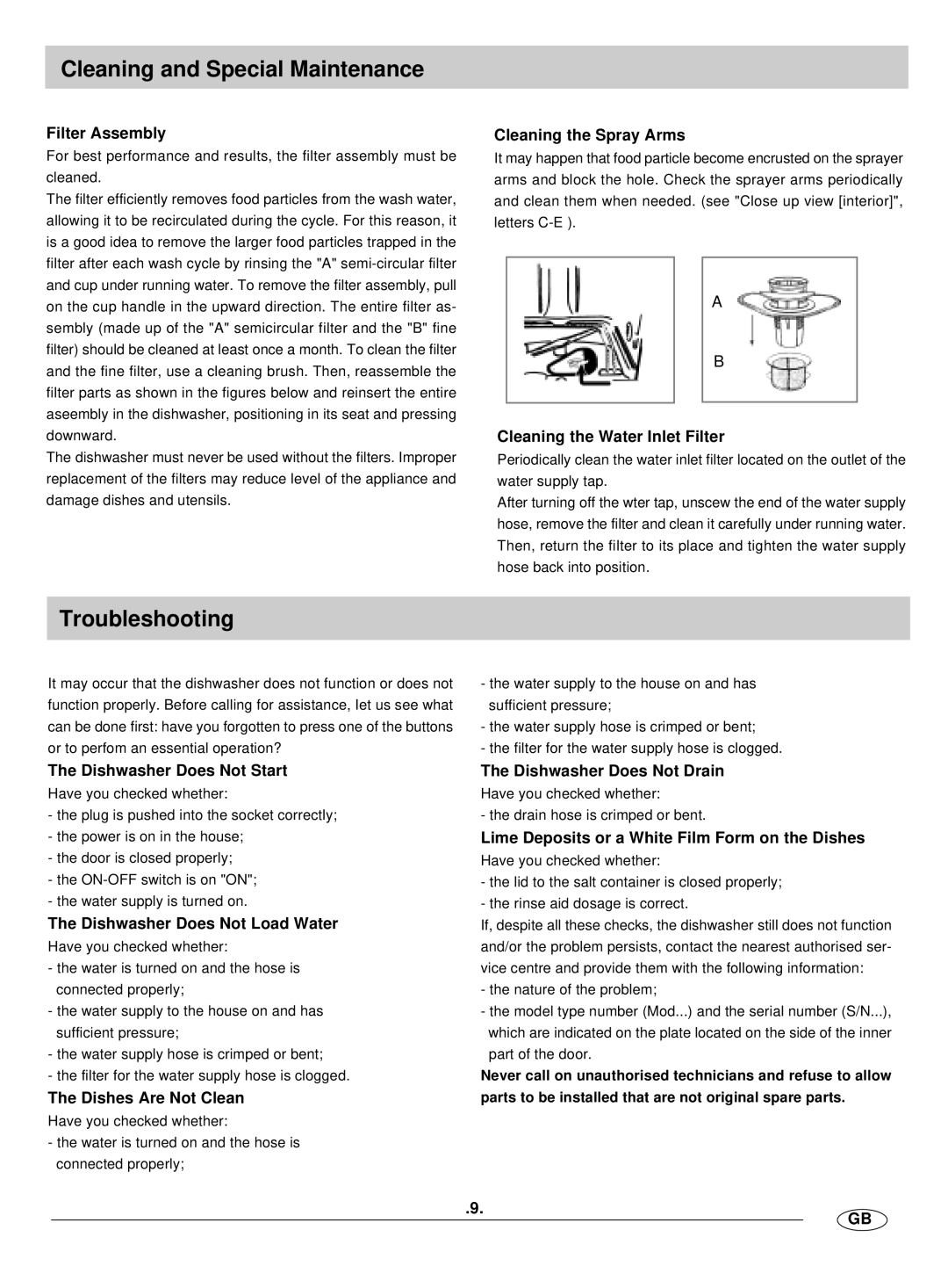 Haier DW12-HFM SS manual Cleaning and Special Maintenance, Troubleshooting 