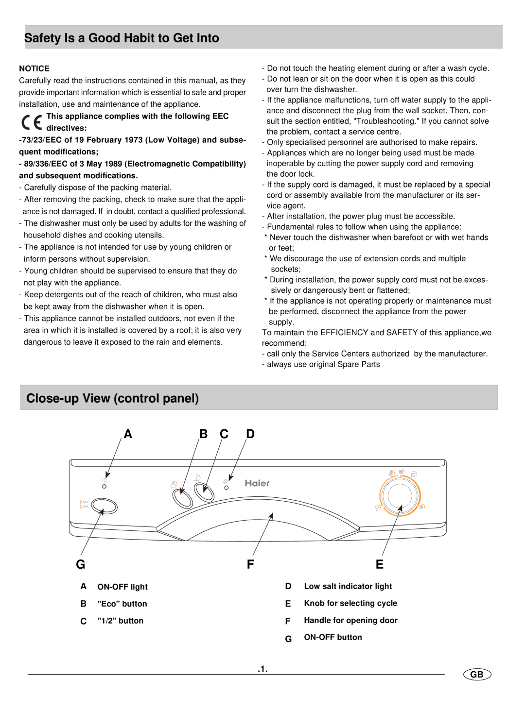 Haier DW12-HFM SS manual Safety Is a Good Habit to Get Into, Close-up View control panel 