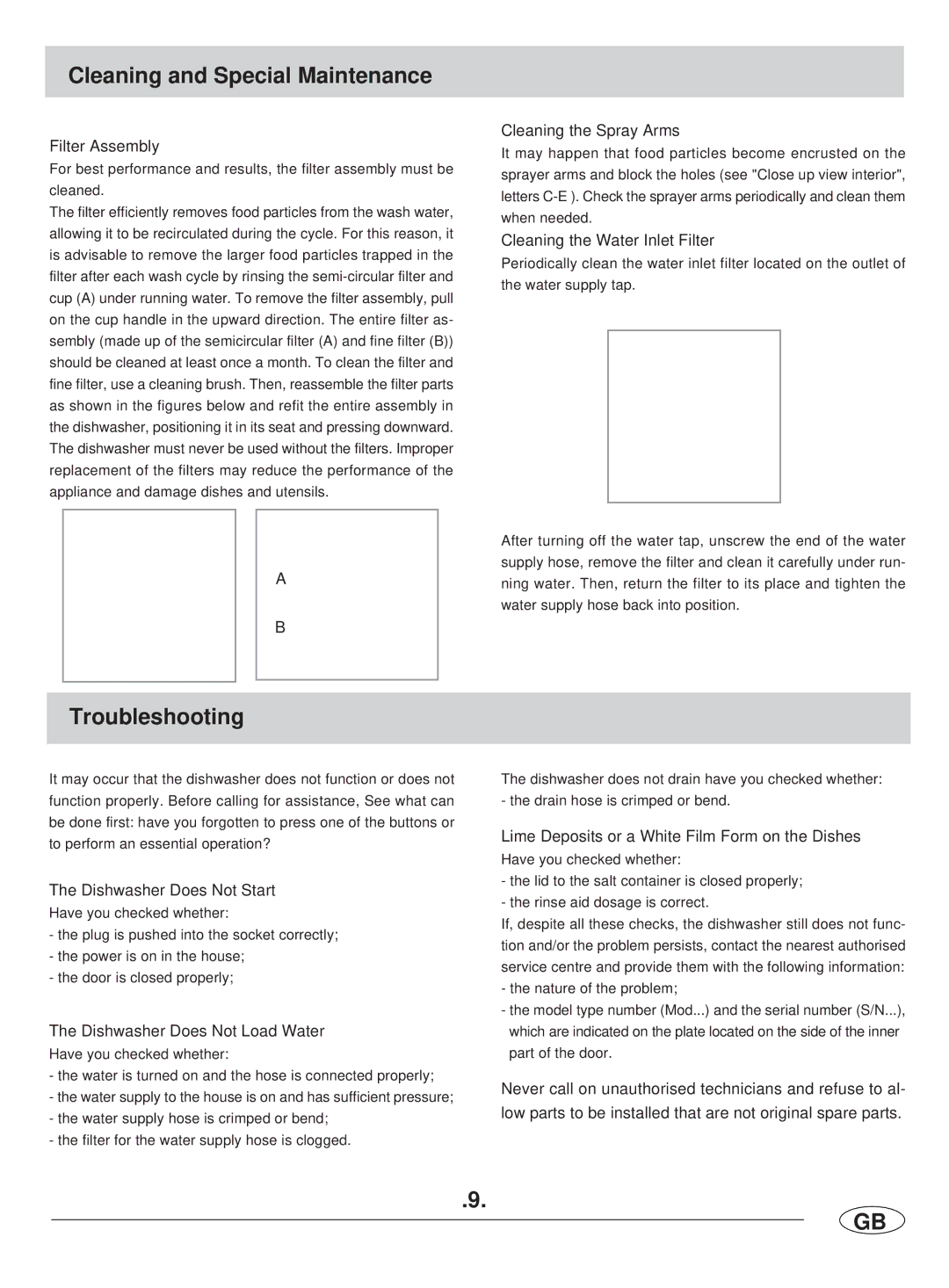 Haier DW12-LBE manual Cleaning and Special Maintenance, Troubleshooting 