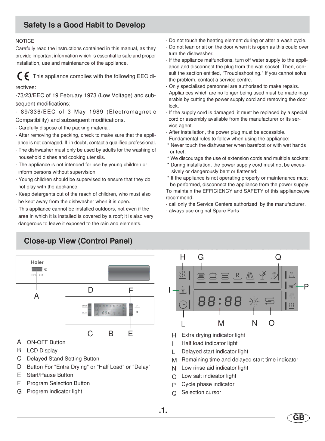 Haier DW12-LBE manual Safety Is a Good Habit to Develop, Close-up View Control Panel 