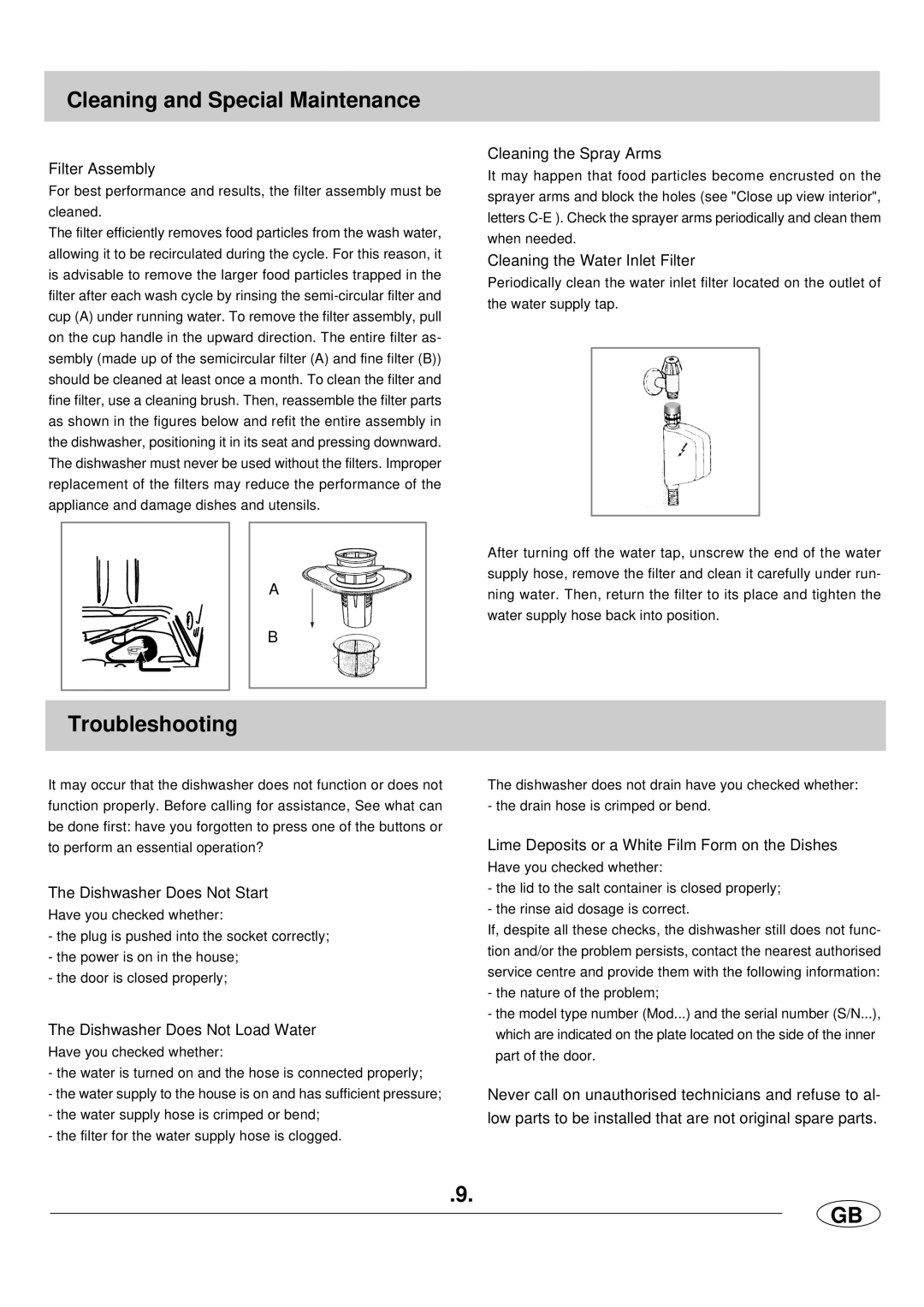 Haier DW12-LFE SS manual Cleaning and Special Maintenance, Troubleshooting 