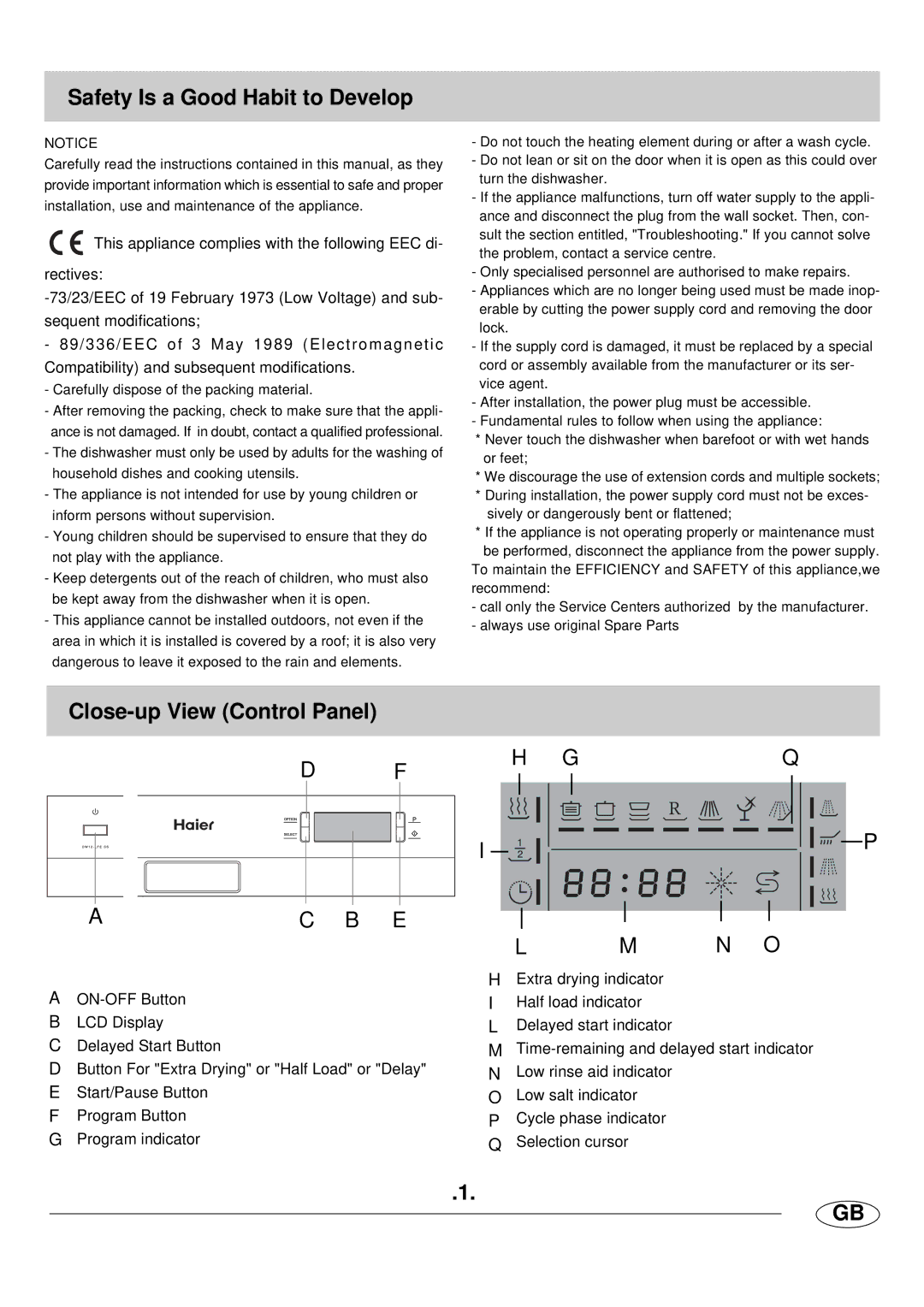 Haier DW12-LFE SS manual Safety Is a Good Habit to Develop, Close-up View Control Panel 