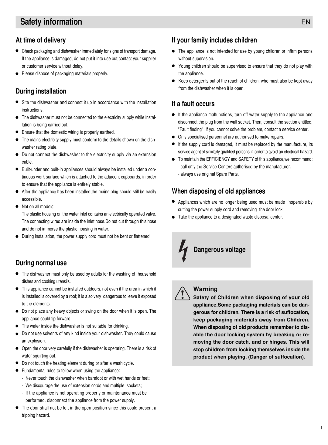 Haier DW12-PF1S, DW12-PE1ME, DW12-PFE1SS manual Safety information 