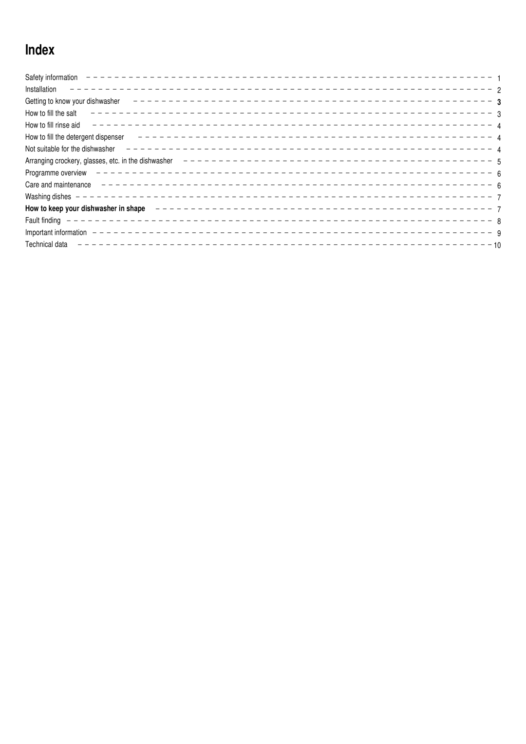 Haier DW12-PFE1ME manual Index, Fault finding Important information Technical data 