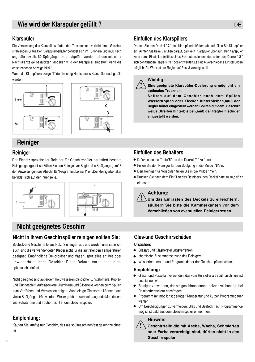 Haier DW12-PFE1 ME, DW12-PFE1 S manual Wie wird der Klarspüler gefüllt ?, Reiniger, Nicht geeignetes Geschirr 