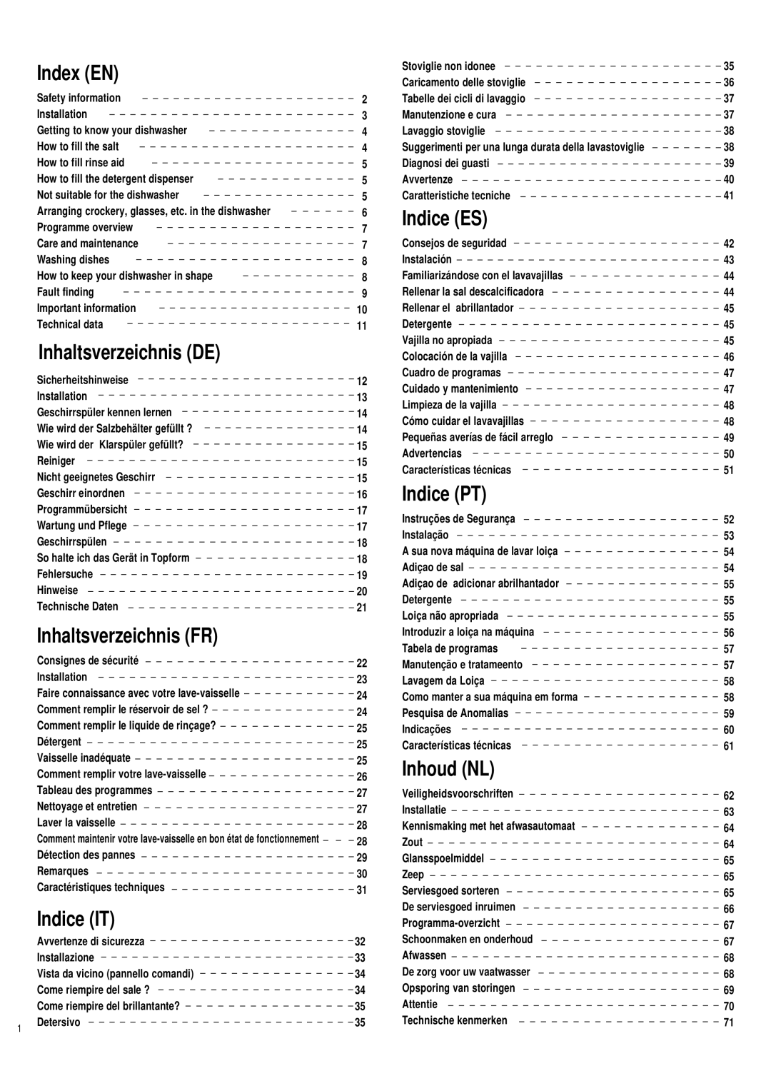 Haier DW12-PFE1 ME, DW12-PFE1 S Index EN, Inhaltsverzeichnis DE, Indice PT, Inhaltsverzeichnis FR, Indice IT, Inhoud NL 