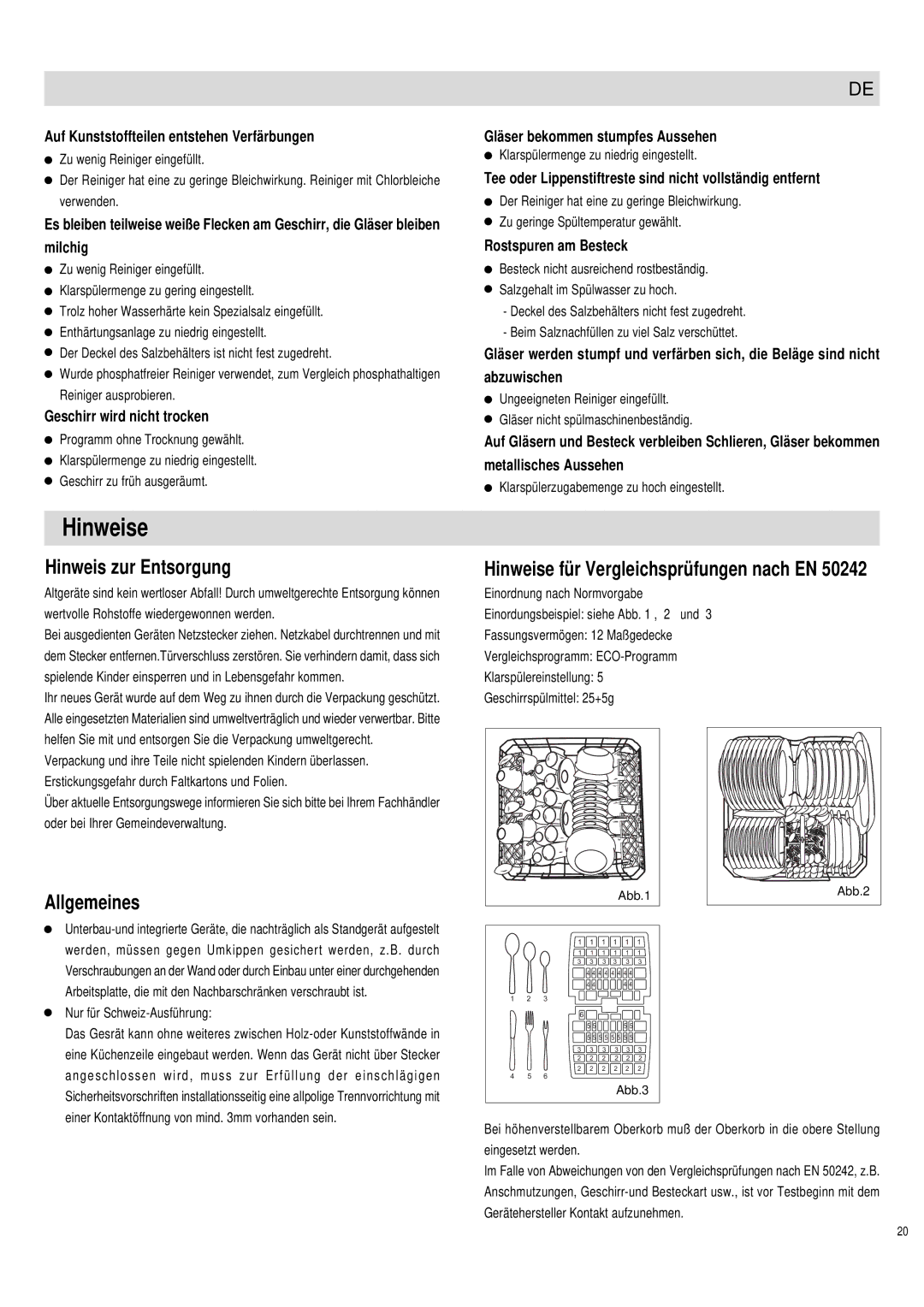 Haier DW12-PFE1 S, DW12-PFE1 ME manual Hinweis zur Entsorgung, Allgemeines, Hinweise für Vergleichsprüfungen nach EN 