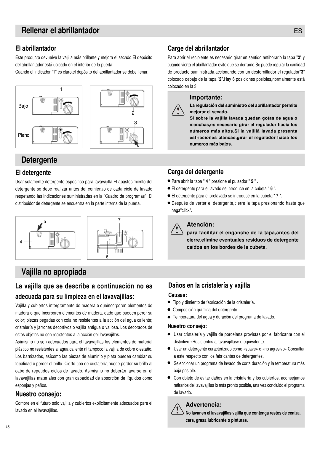 Haier DW12-PFE1 ME, DW12-PFE1 S manual Rellenar el abrillantador, Detergente, Vajilla no apropiada 